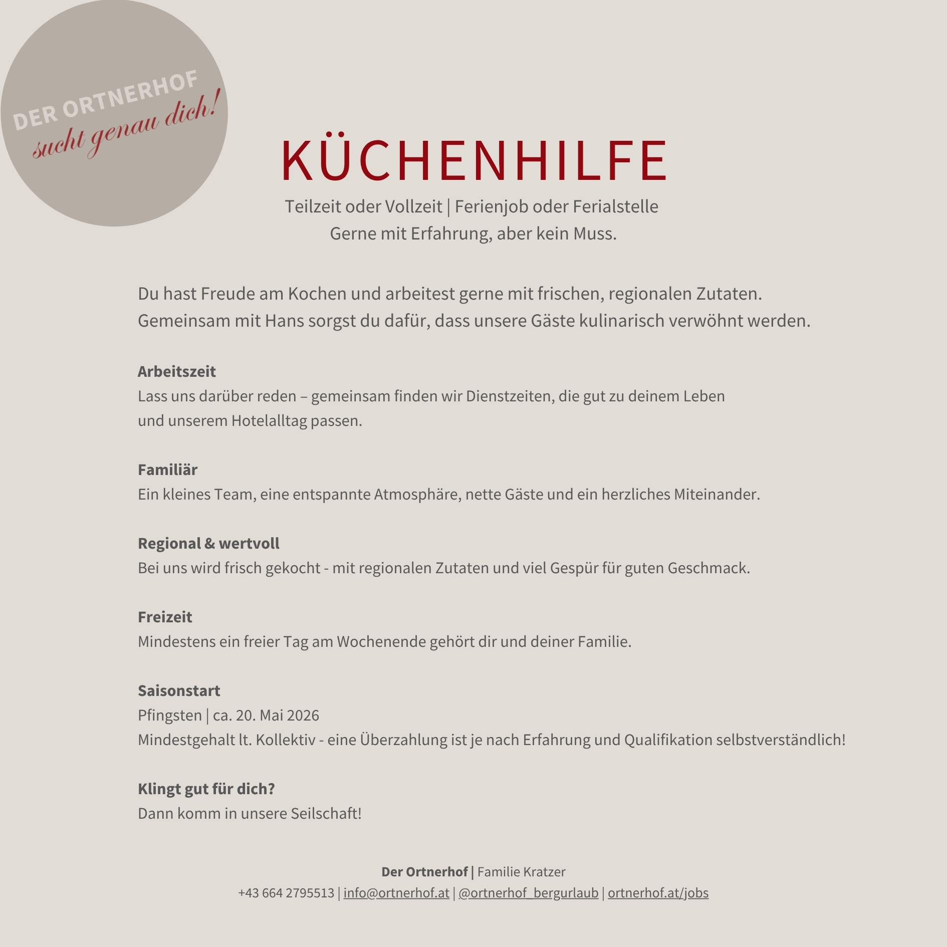 Stellenauschreibung Küchenhilfe - Hotel Ortnerhof