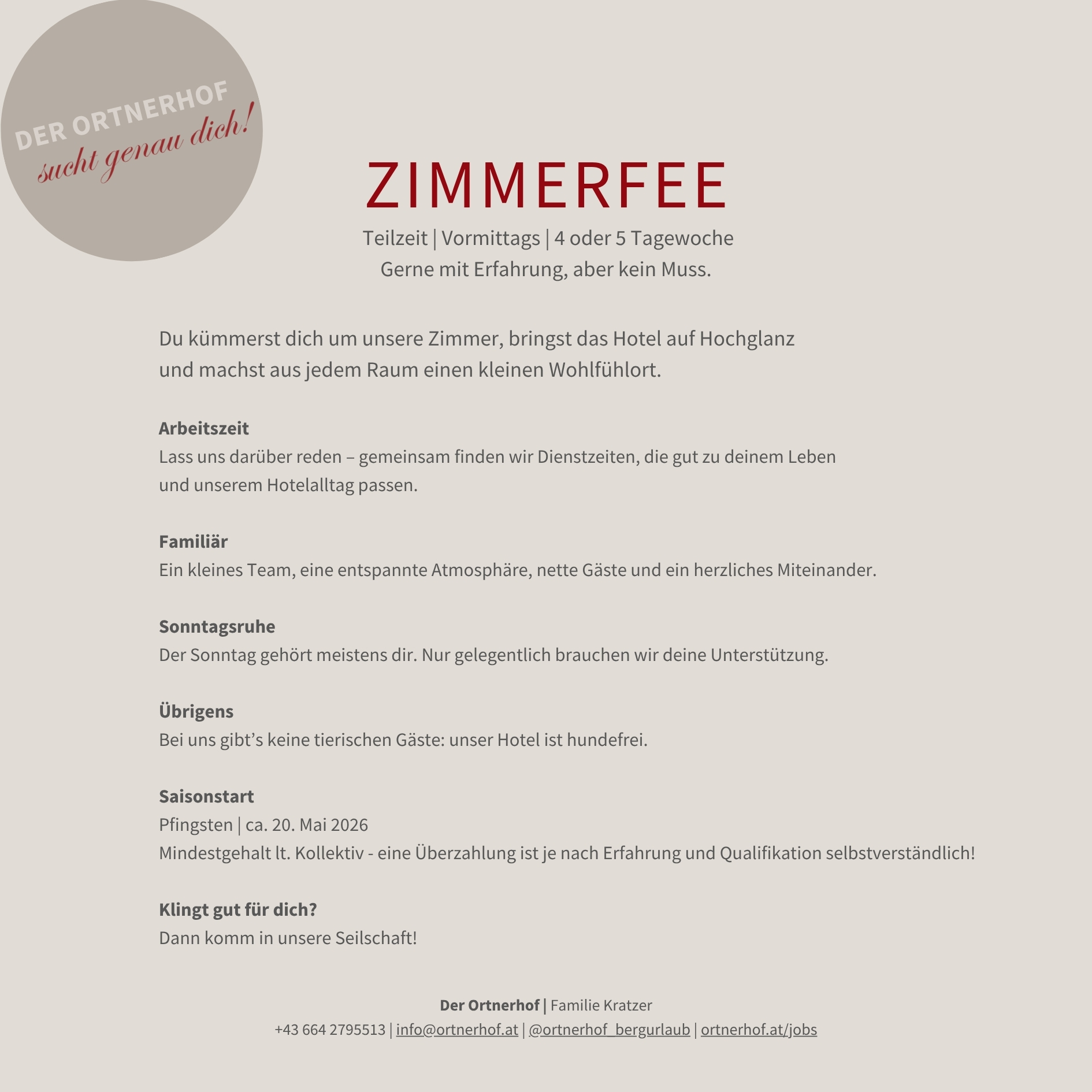 Stellenauschreibung Zimmerfee - Hotel Ortnerhof