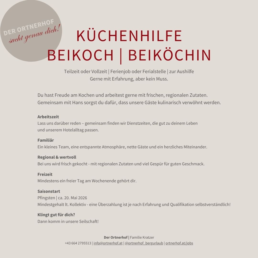 Stellenauschreibung Küchenhilfe - Hotel Ortnerhof